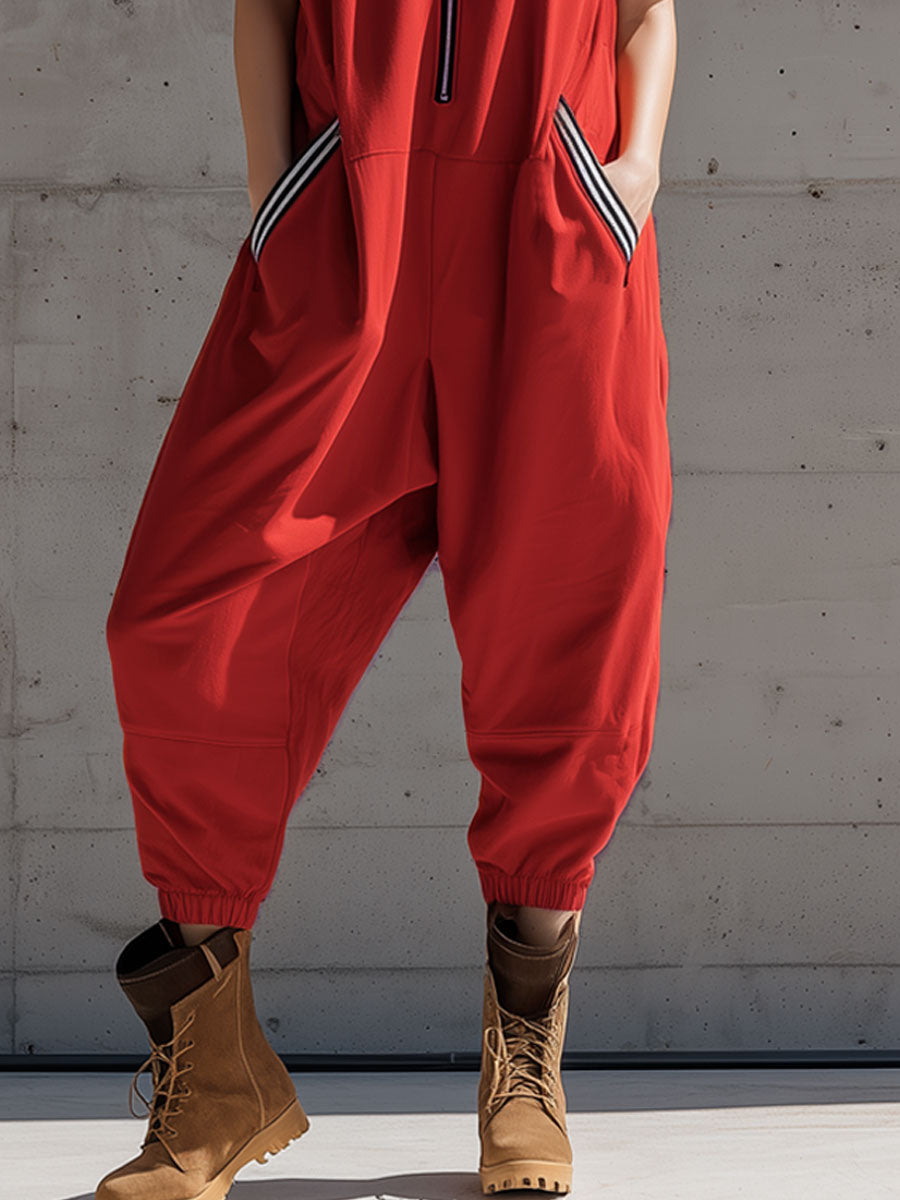 Sporty Retro Black And White Striped Red Cotton Blend Sleeveless Jumpsuit