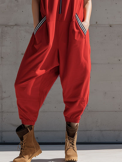 Sporty Retro Black And White Striped Red Cotton Blend Sleeveless Jumpsuit