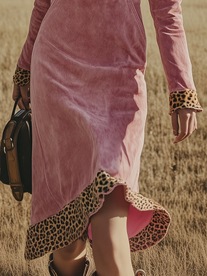 Vintage Western-style Pink Embroidered Faux Suede Midi Dress