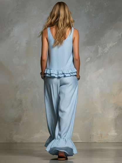 V-neck Sleeveless Striped Cotton And Linen Top And Pants Set