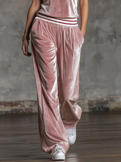 Round-neck Sleeveless Top With Heart Embroidery And Matching Velvet Trousers Set