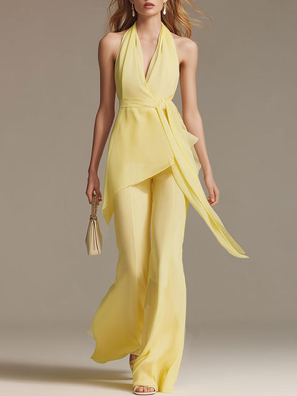 Stylish And Elegant Yellow Sleeveless Halter Neck Chiffon Top And Pants Set