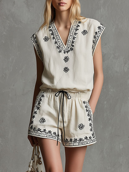 Casual Retro Embroidered White Sleeveless Cotton And Linen Shirt And Shorts Set