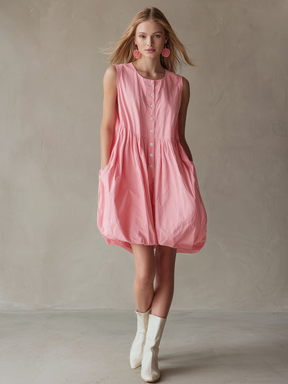 Stylish And Casual Pink Button Cotton Mini Dress