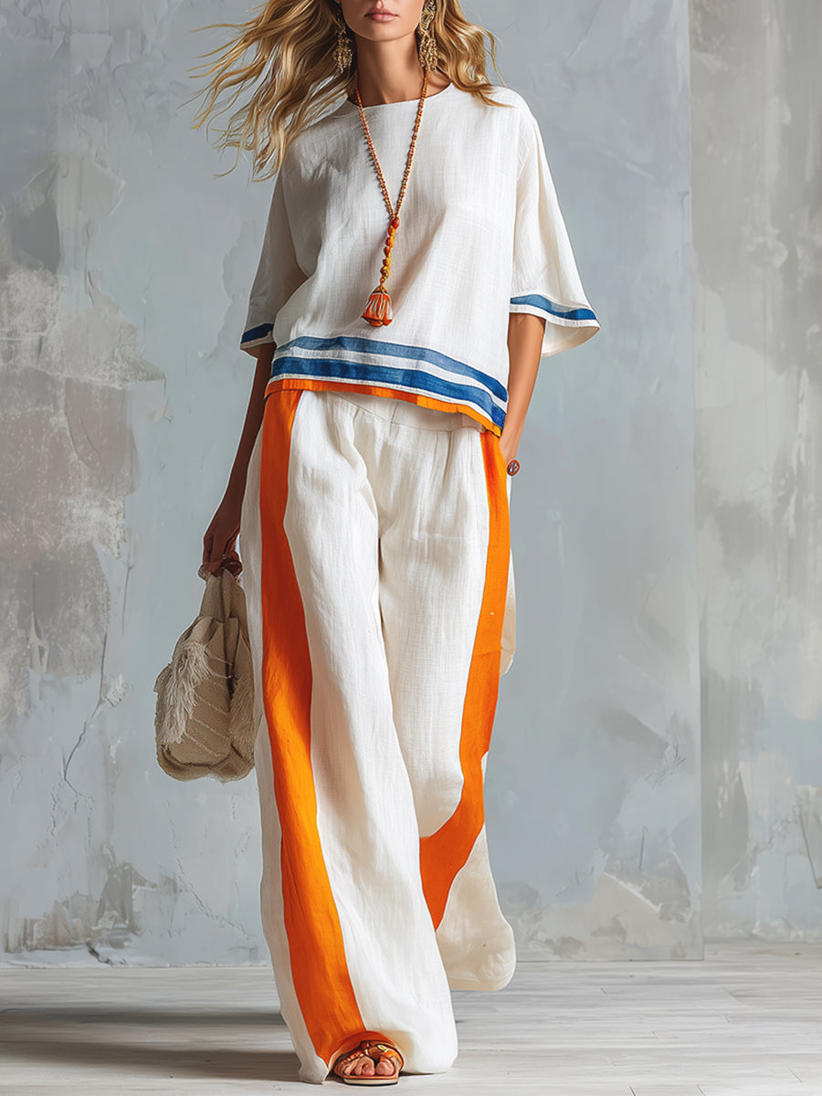 Casual Urban Style Contrast-Trimmed White T-Shirt &amp; Wide-Leg Pants Cotton-Linen Set