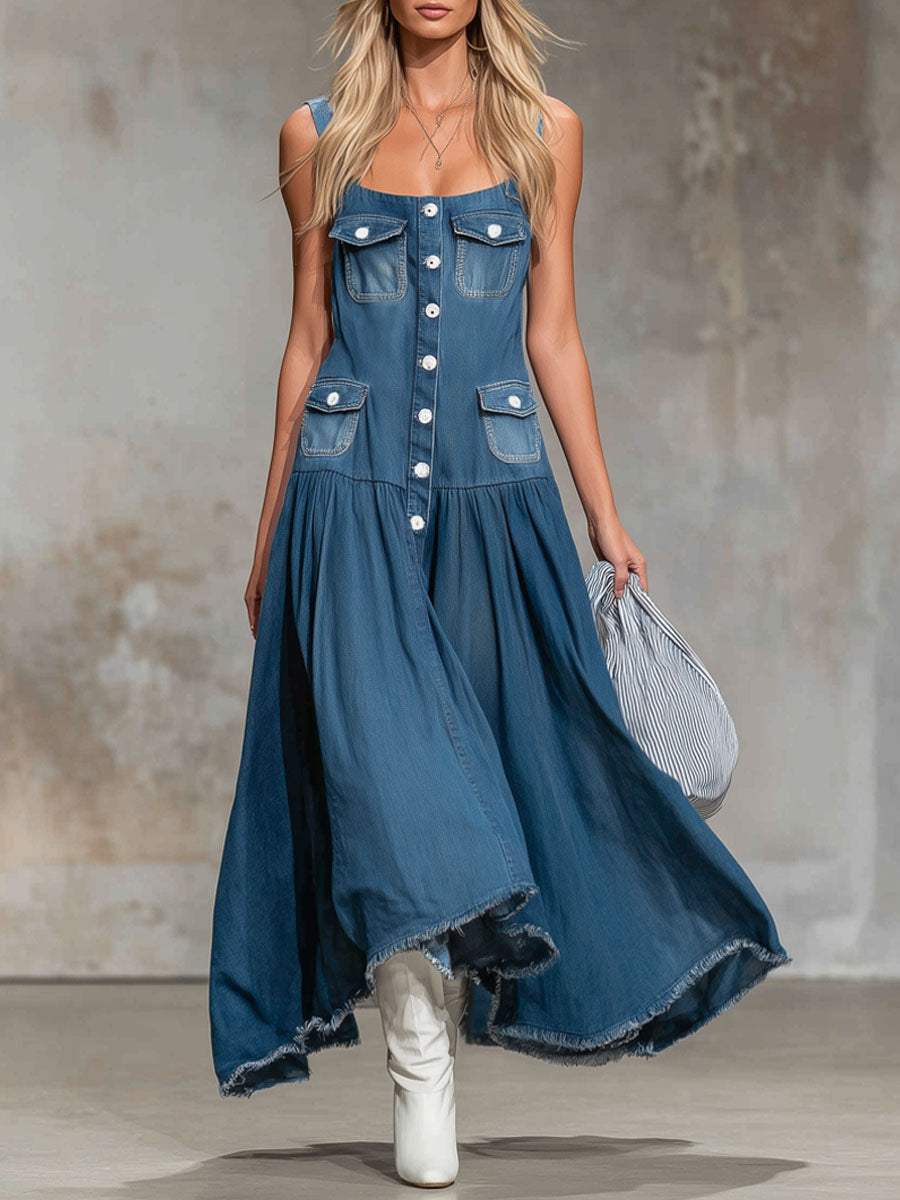 Retro Multi-pocket Square Neck Denim Sleeveless Maxi Dress