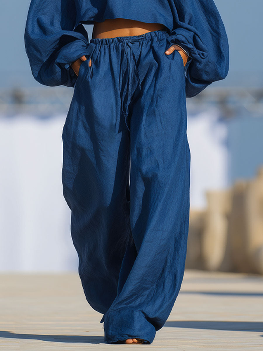 A Loose-fitting Round-neck Long-sleeved Top And Wide-leg Cotton-linen Set
