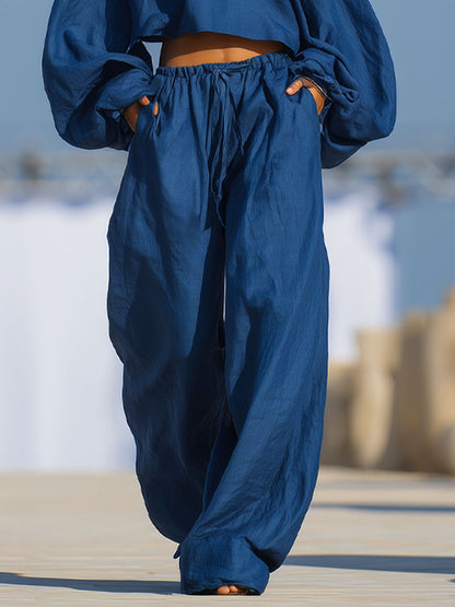 A Loose-fitting Round-neck Long-sleeved Top And Wide-leg Cotton-linen Set