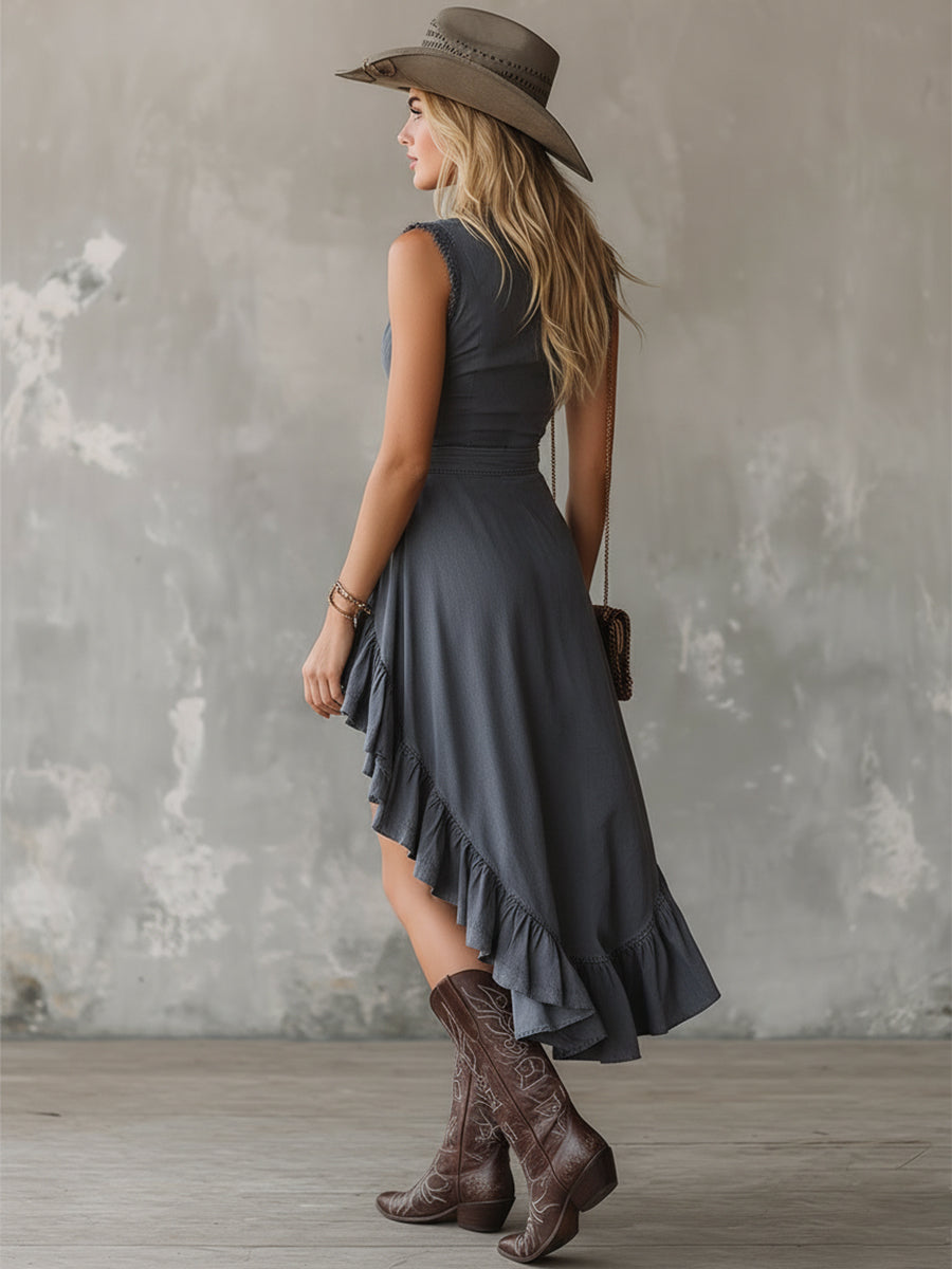 Stylish Retro High-low Hem Gray Denim Sleeveless Midi Dress