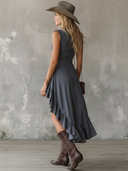 Stylish Retro High-low Hem Gray Denim Sleeveless Midi Dress