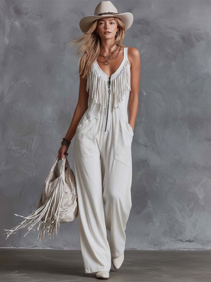 Casual Retro Western V-Neck And Fringe White Faux Suede Jumpsuit