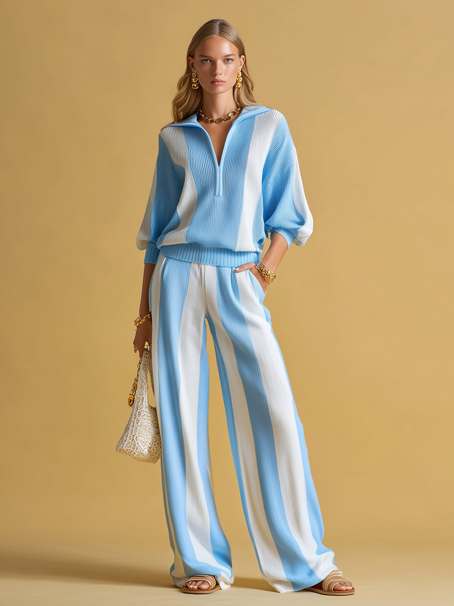 Casual And Comfortable Striped Knit Two-piece Set