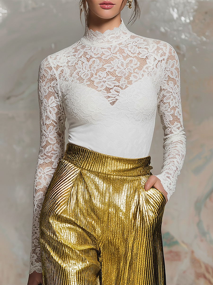 Stylish Elegant Stand-up Collar Lace Long Sleeve T-shirt