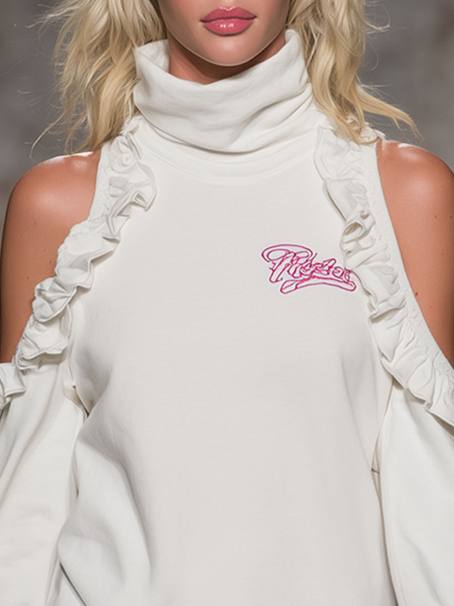 High-neck Off-shoulder Ruffled Long-sleeved Sporty Mini Dress