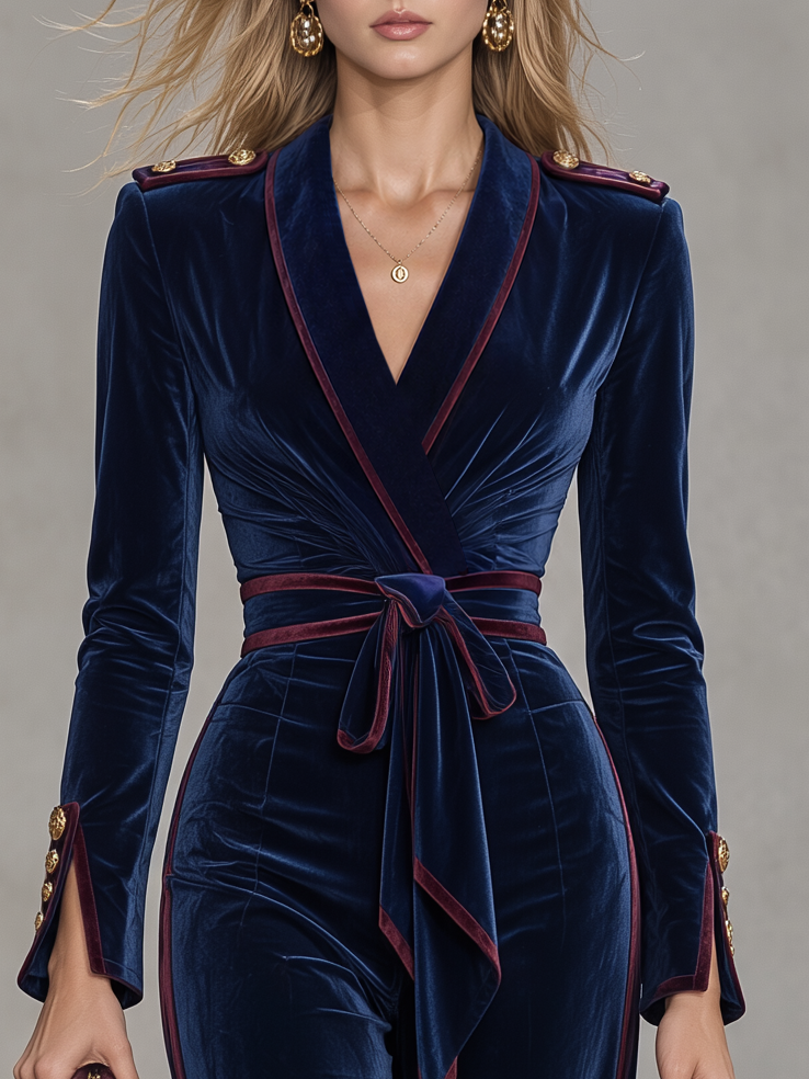 Retro-casual Military-style Velvet Jumpsuit With Contrasting Piping