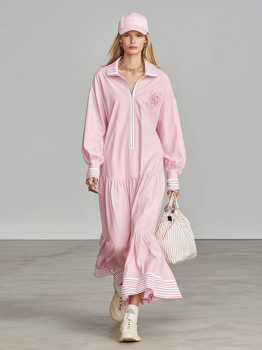 Casual Pink Zip-up Striped Rose Embroidered Maxi Dress