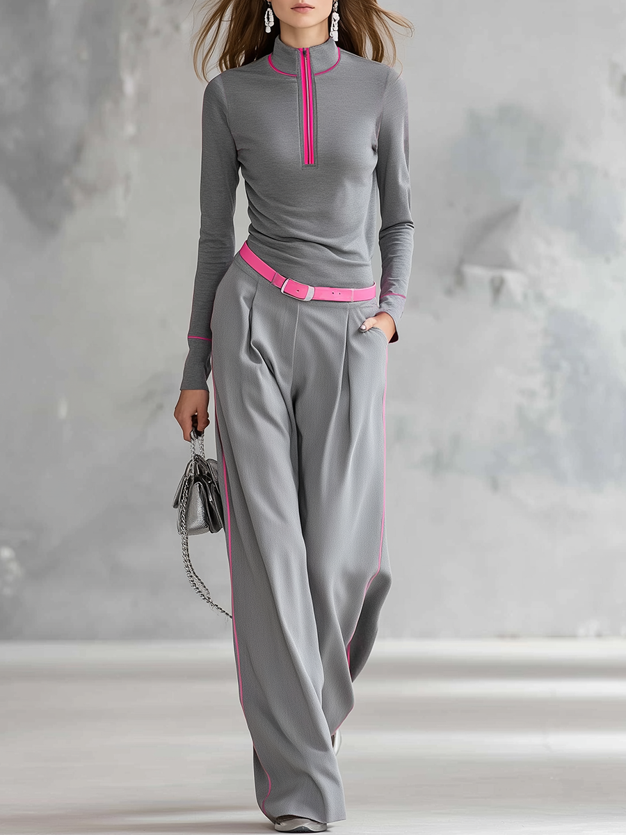 Retro Sporty Color-blocked Zip-up Stand-collar T-shirt And Wide-leg Pants Set