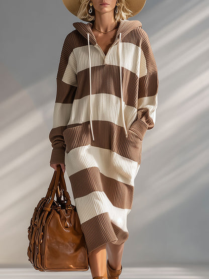 Stylish And Casual Brown And White Striped Hooded Knit Midi Dress