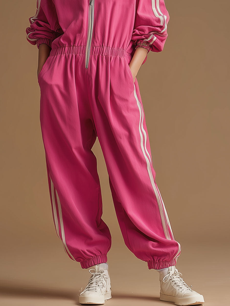 Retro Sporty Woven Rose Red Cotton Wide-leg Jumpsuit