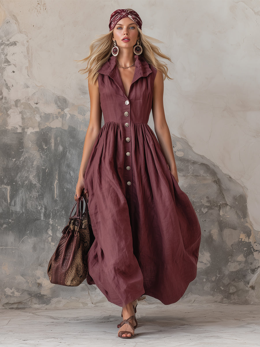 Elegant Zinfandel-colored Cotton And Linen Sleeveless Maxi Dress