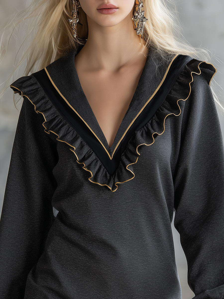 Retro Sporty V-neck Ruffle Mini Sweatshirt Dress