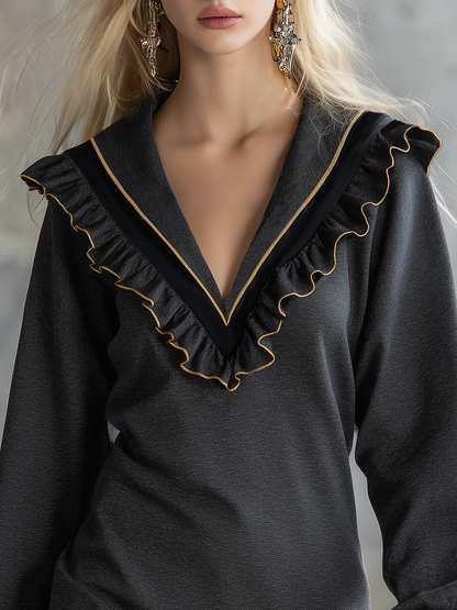 Retro Sporty V-neck Ruffle Mini Sweatshirt Dress