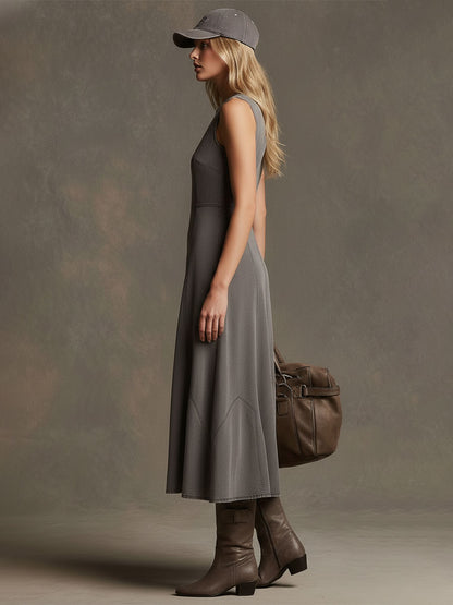 Fashionable Retro Gray Sleeveless Washed Denim Midi Dress