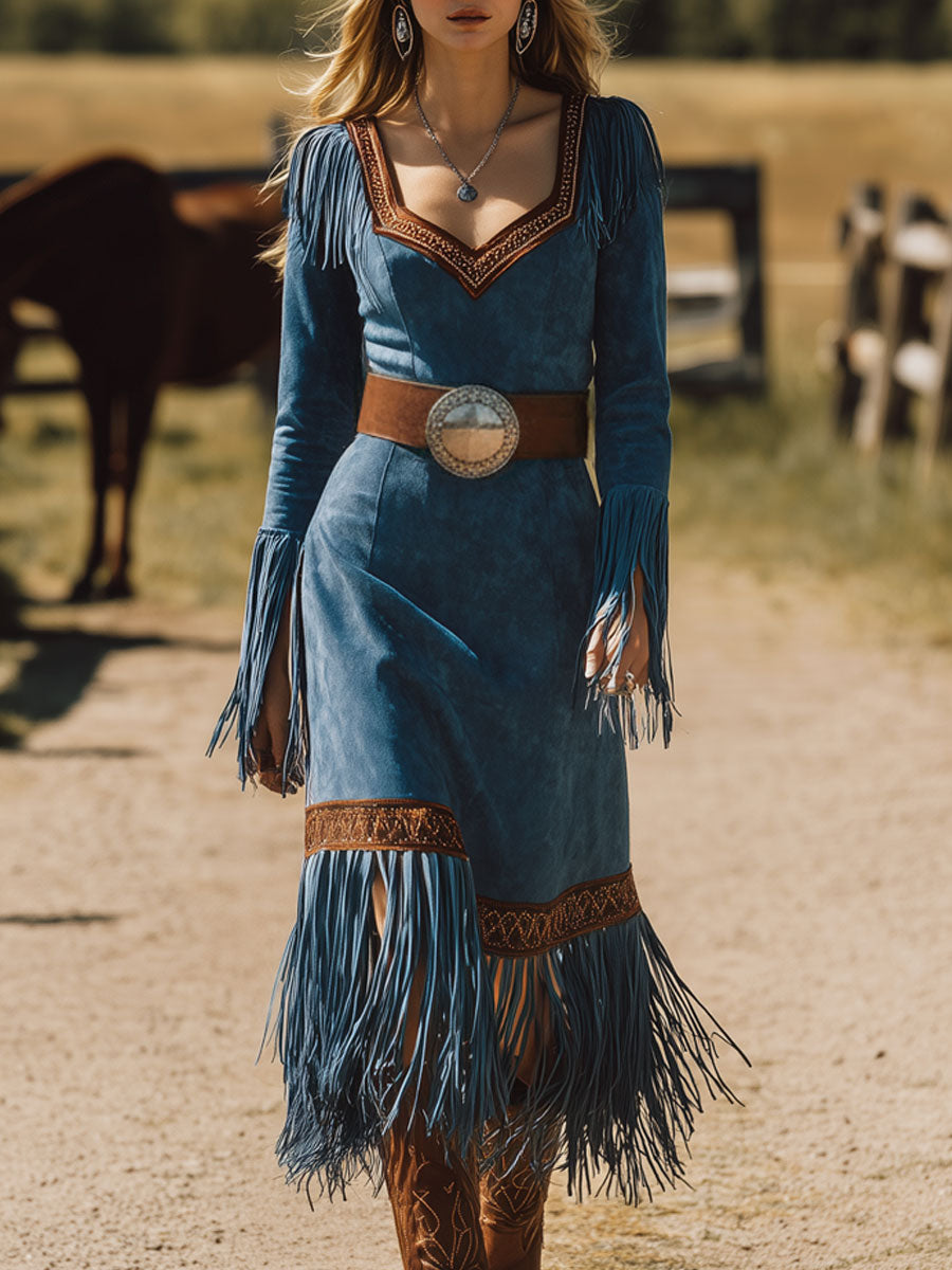 Western Retro Long-Sleeved Blue Faux Suede Embroidered Tassel Midi Dress