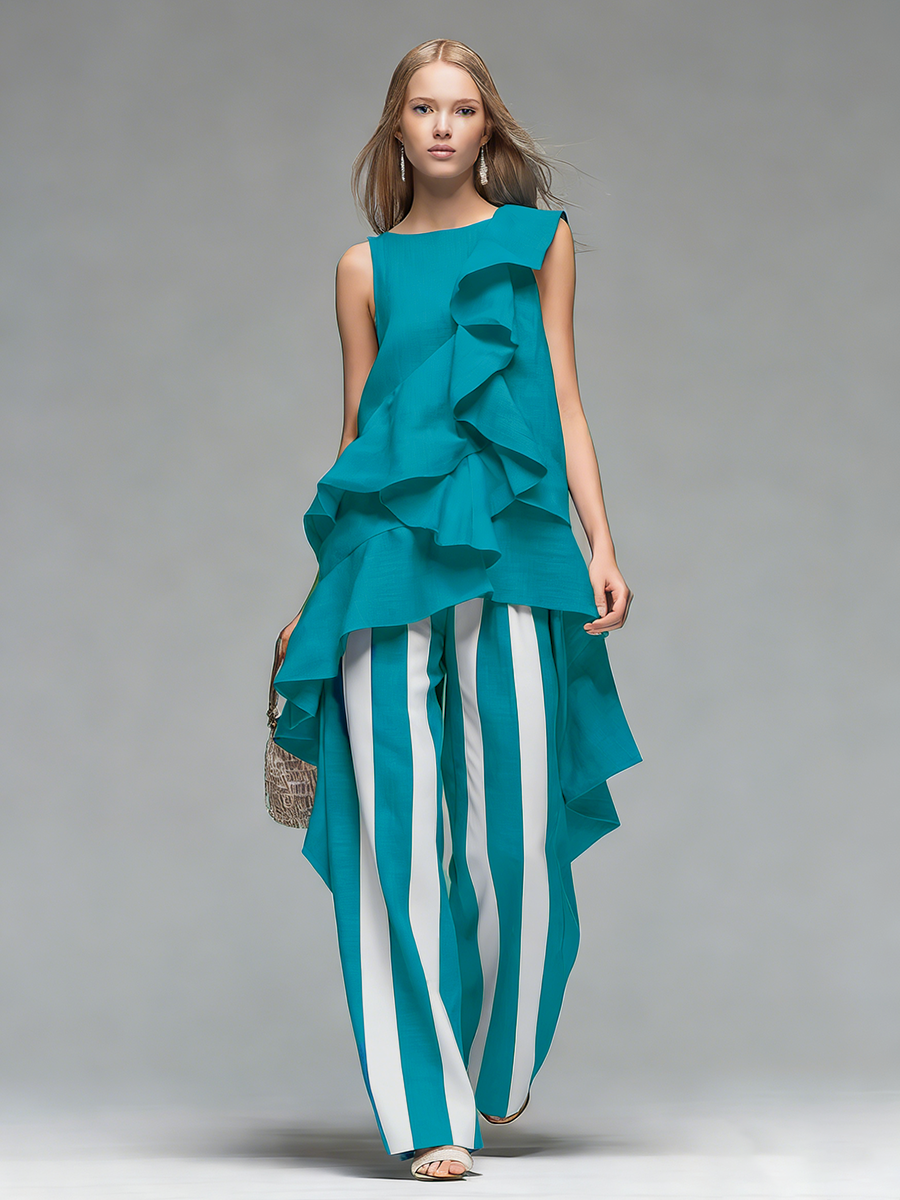 Stylish And Casual Round Neck Ruffled Sleeveless Top And Striped Trousers Set