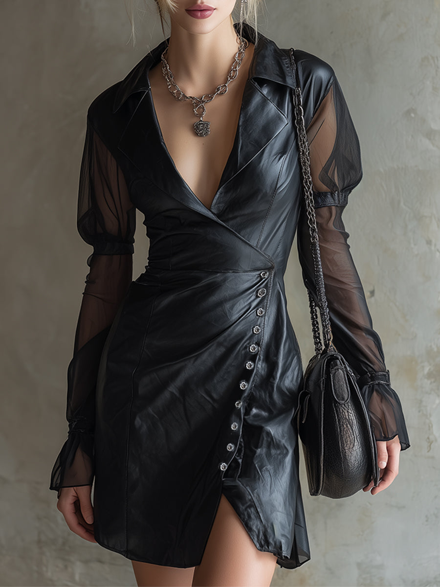 Elegant Black Collared Faux Leather Chiffon Long-sleeved Mini Dress