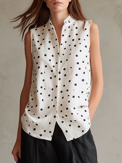 Casual Retro Cotton Linen Polka Dot Sleeveless Shirt And Wide-leg Pants Set
