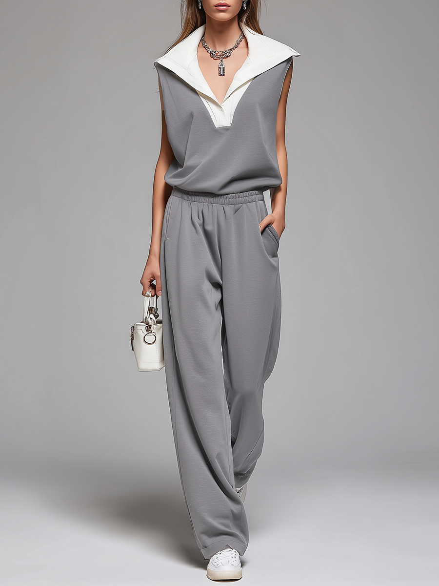 Stylish Retro Collared Short-sleeved Top And Trousers Set