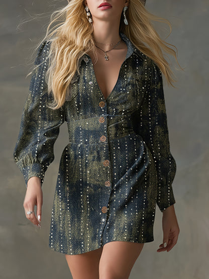 Trendy Distressed Blue Denim Rhinestone Mini Dress