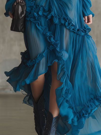 Elegant Vintage Blue Ruffled Chiffon Maxi Dress