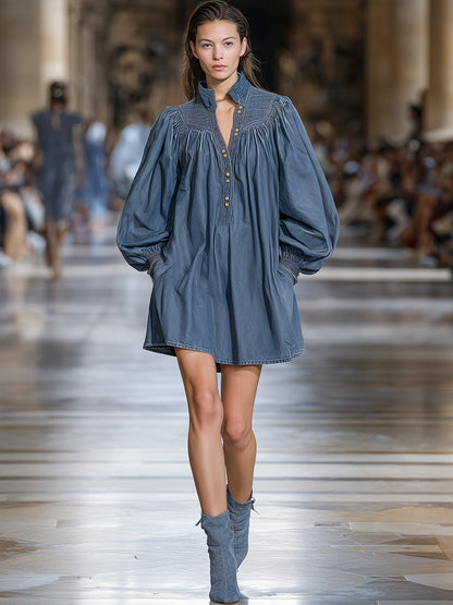 Fashionable Retro Stand-up Collar Denim Loose Mini Dress