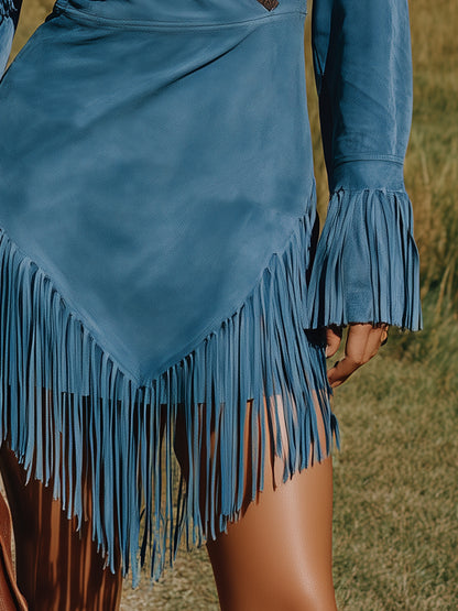 Western-style Blue Faux Suede Patchwork Mini Dress With Fringe Details.