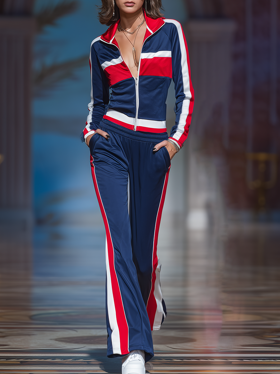 Retro Sporty Color-blocked Collared Top And Flared Pants Set