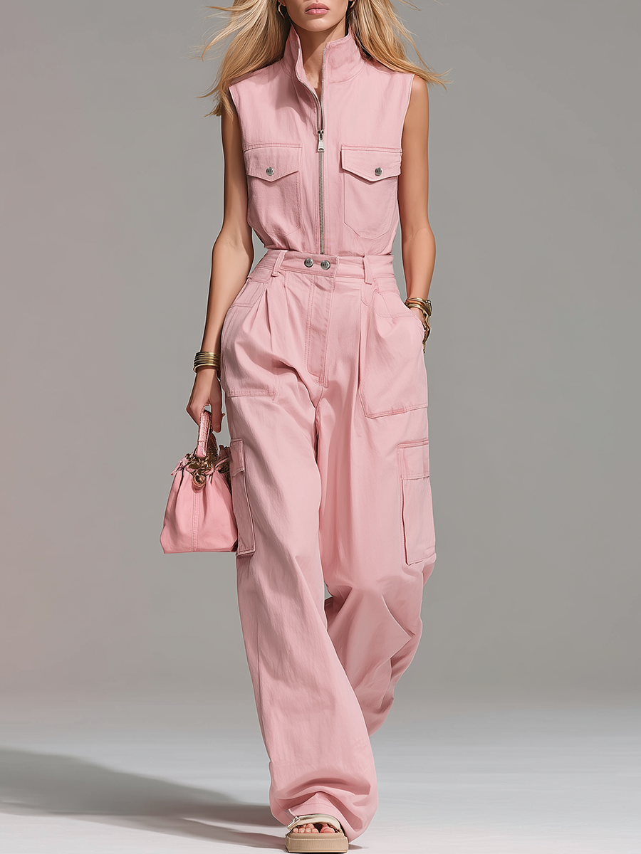 Casual And Comfortable Stand-up Collar Zip-up Sleeveless Top And Cargo Trousers Set