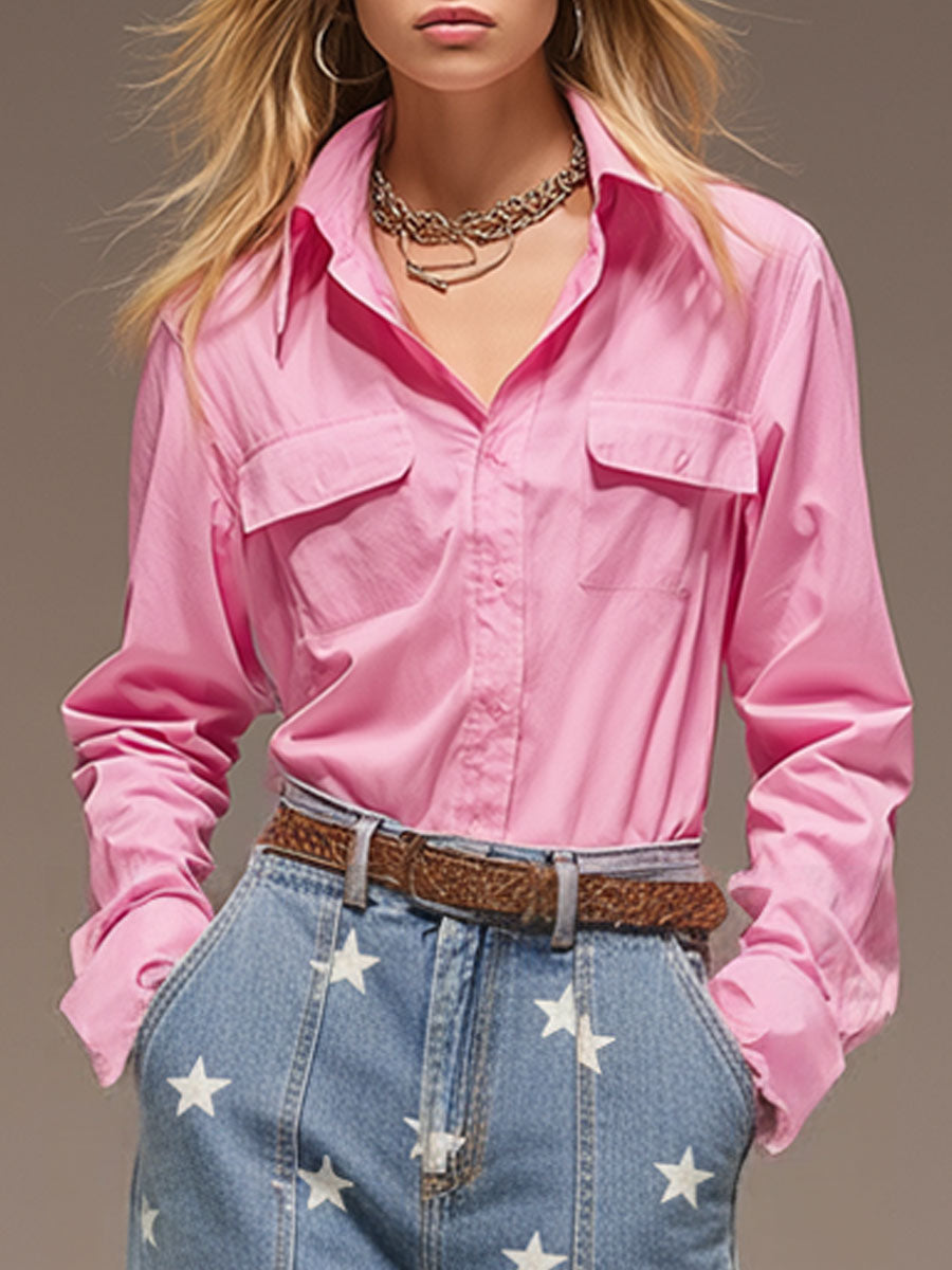 Casual Retro Pink Cotton Long-Sleeved Shirt