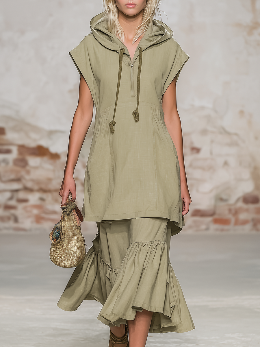 Casual And Comfortable Short-sleeved Sweatshirt And Ruffled Skirt Set