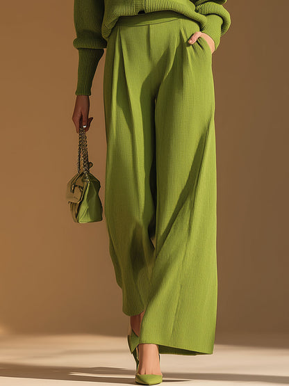 Retro Casual Green Crew Neck Knitted Cardigan And Trousers Set