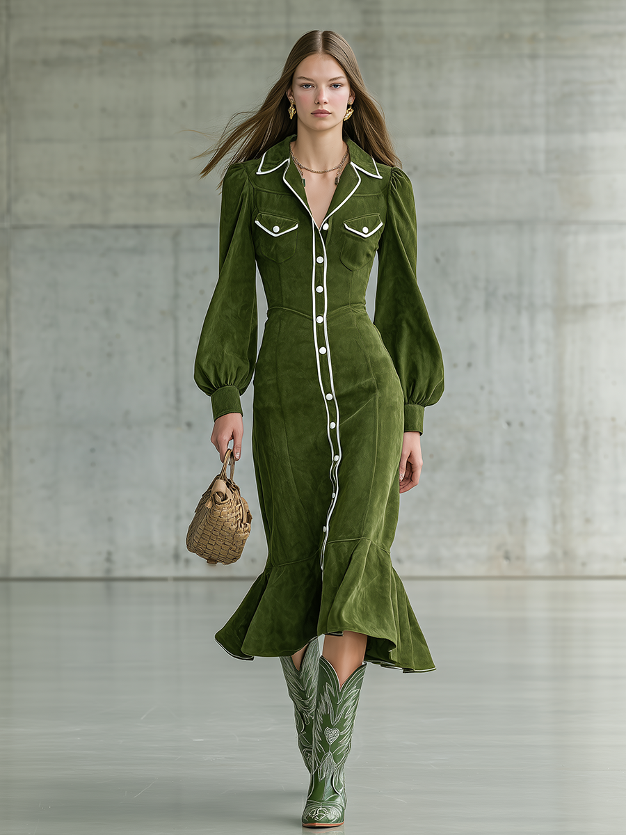 Retro Western-style Contrasting Color Trim Faux Suede Midi Dress