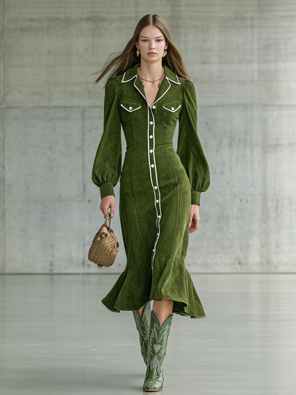 Retro Western-style Contrasting Color Trim Faux Suede Midi Dress