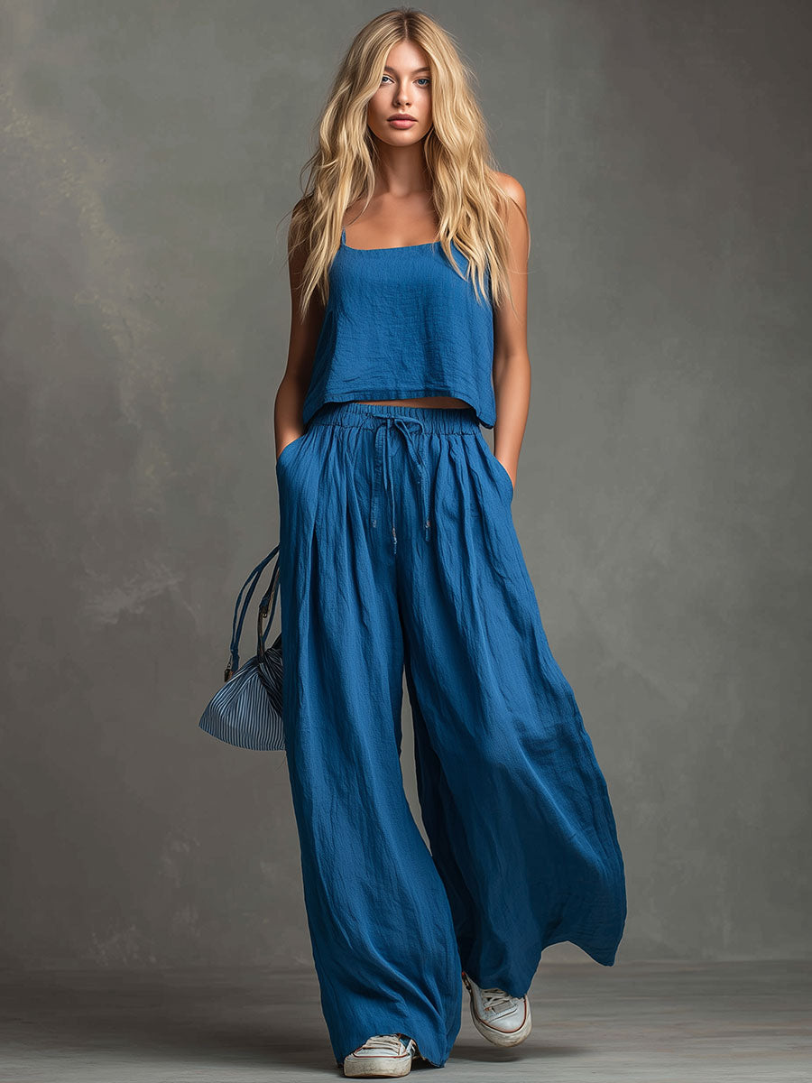 Casual And Stylish Blue Cotton Linen Camisole And Pants Set