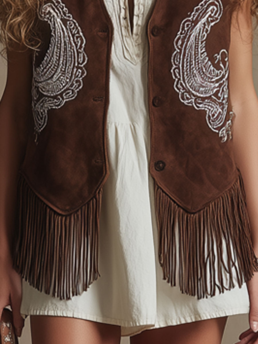 Western Retro Paisley Embroidered Dark Brown Faux Suede Tassel Vest