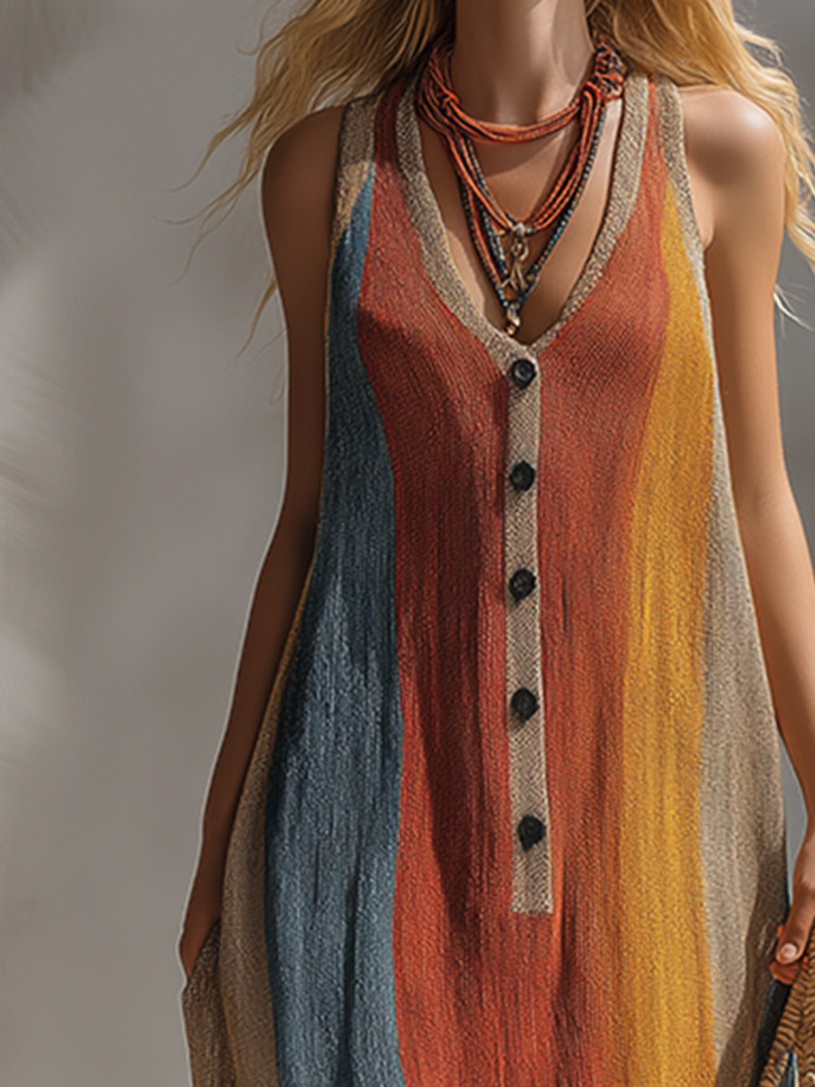 Retro Vacation Style Rainbow-colored Lightweight Knit Sleeveless Maxi Dress