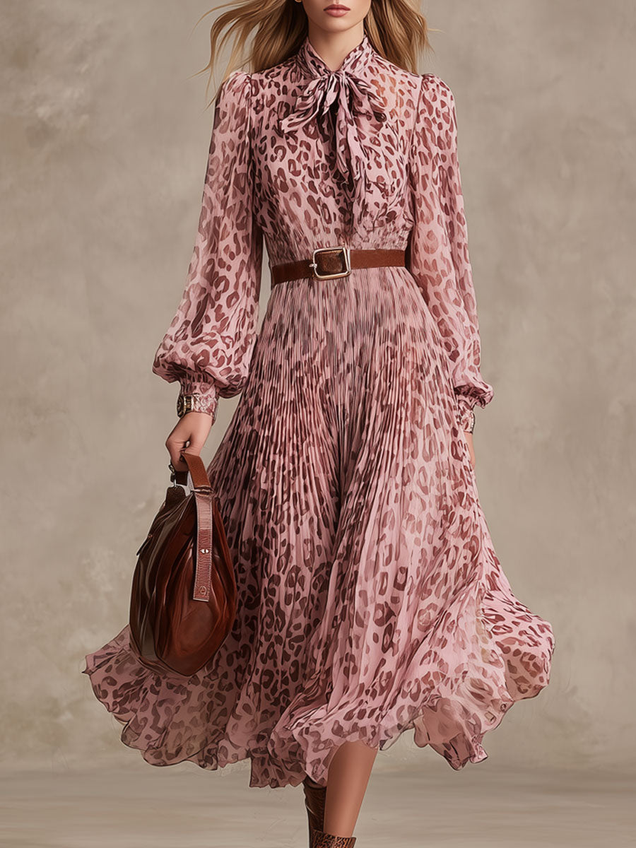 Fashionable Retro Leopard Print Pink Chiffon Pleated Long-sleeved Midi Dress