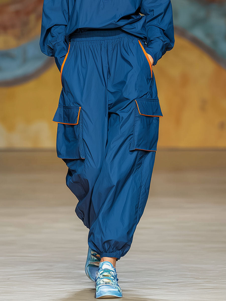 Sporty Color-blocked Stand-collar Zip-up Top And Pants Set