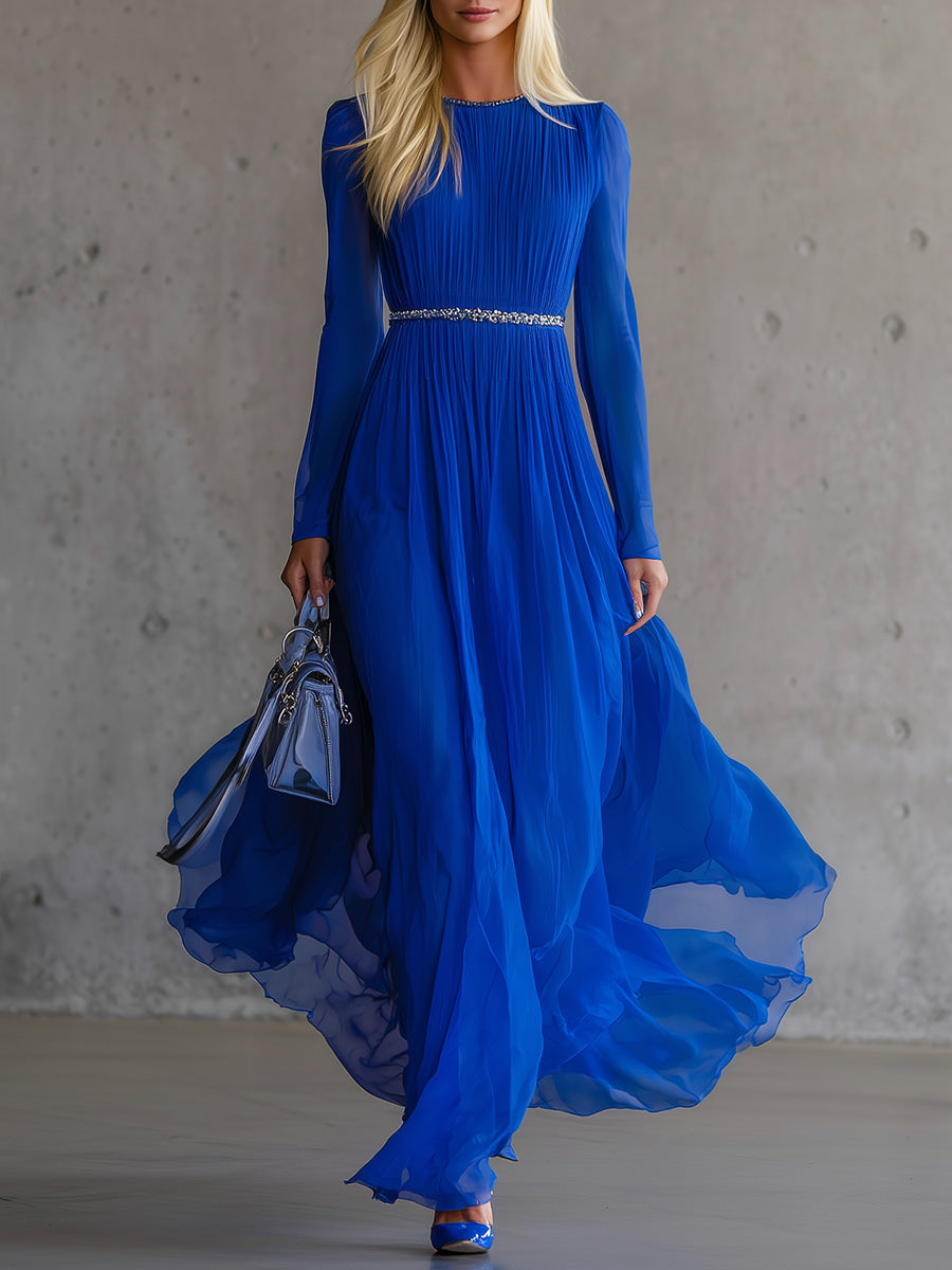 Elegant Blue Chiffon Patchwork Ribbon Maxi Dress