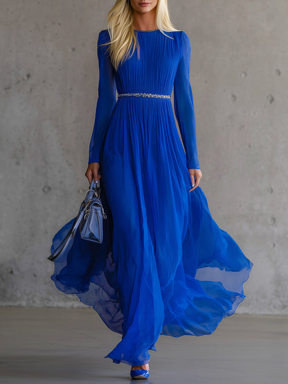 Elegant Blue Chiffon Patchwork Ribbon Maxi Dress